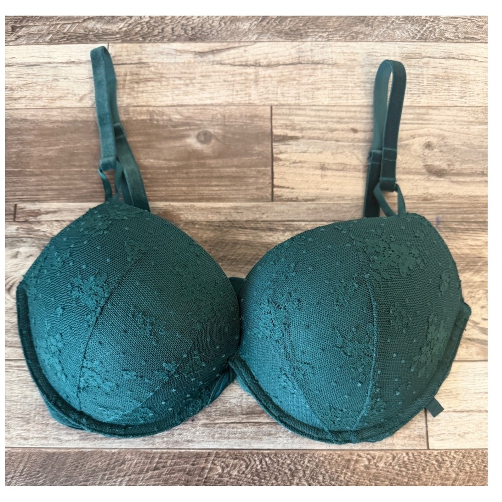 Victoria's Secret Push-Up Bra 34DD Teal Lace Mesh Strappy Sexy Lingerie